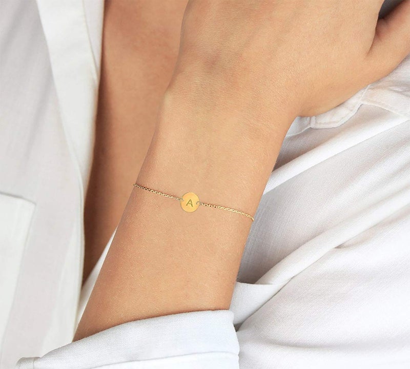 Glimmerst Personalized Initial Bracelet, 18K Gold Plated Stainless Steel Letter M Bracelet Dainty Coin Charm Bracelet Delicate Disc Name Bracelet for Women - Image 2